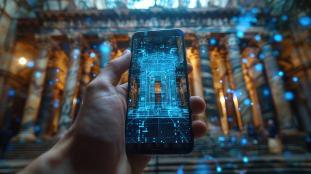 Architectural tech digital blueprint on mobile device photo