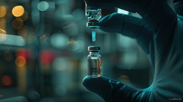 Vial preparation with needle in laboratory for scientific research photo