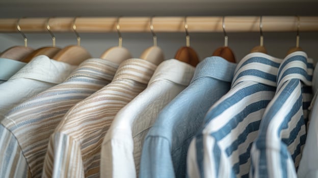 Neat row of shirts hanged in a closet apparel organization photo