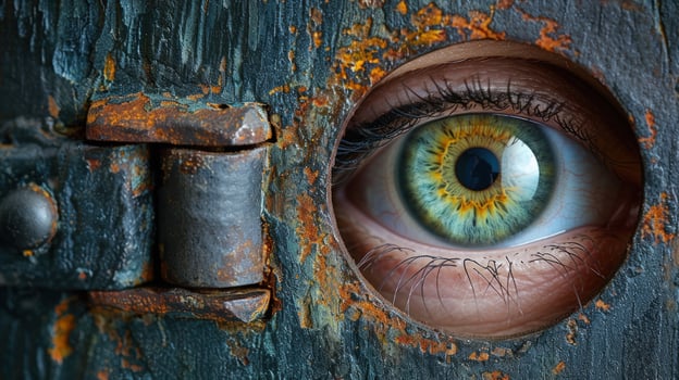 Intriguing eye peeking through rustic wooden hole weathered texture photo
