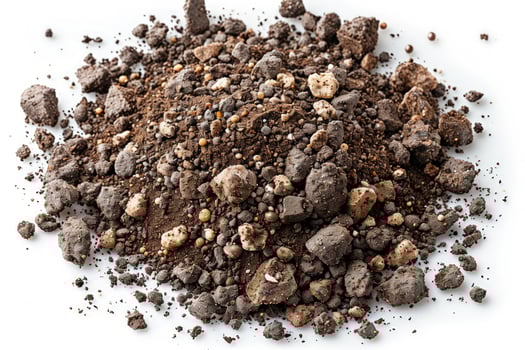Pile of rich soil with rocks and pebbles on white background studio shot photo