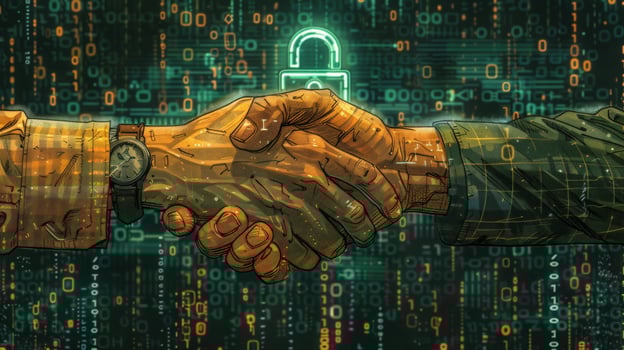 Digital handshake securing partnership in cyber world binary code illustration photo