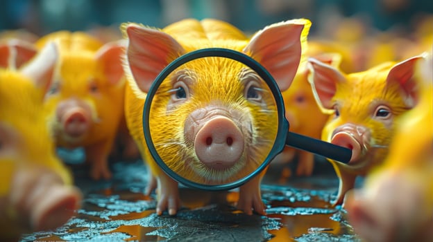 Piglet examined under magnifying glass in farm setting photo