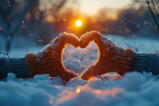 Heart hands in winter snow sunlight warmth and knit gloves romance and affection photo