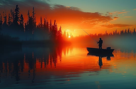 Fishing at sunset serene lake scene silhouette trees and boat calm water reflections photo