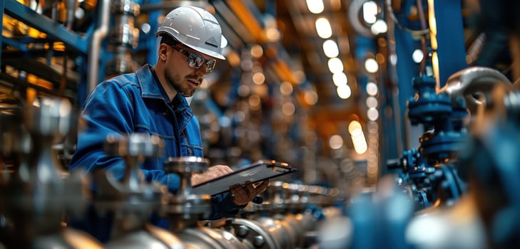 Industrial worker inspecting piping system in factory with safety gear and clipboard photo