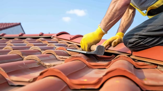 Tile roof repair under clear sky building maintenance photo