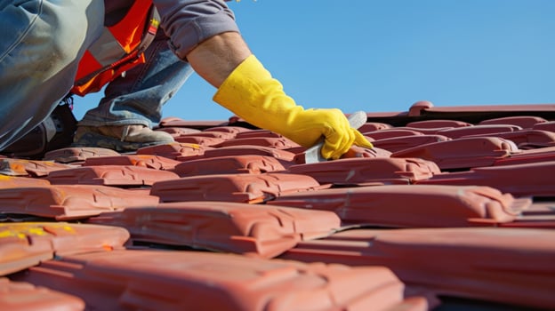 Roofer at work on ceramic tiles rooftop construction repair photo