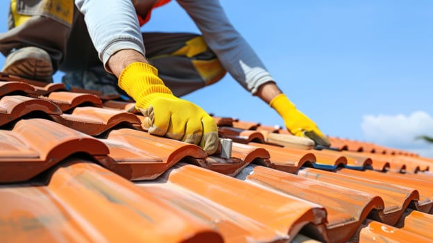 Roofer installing terracotta roof tiles construction and renovation photo
