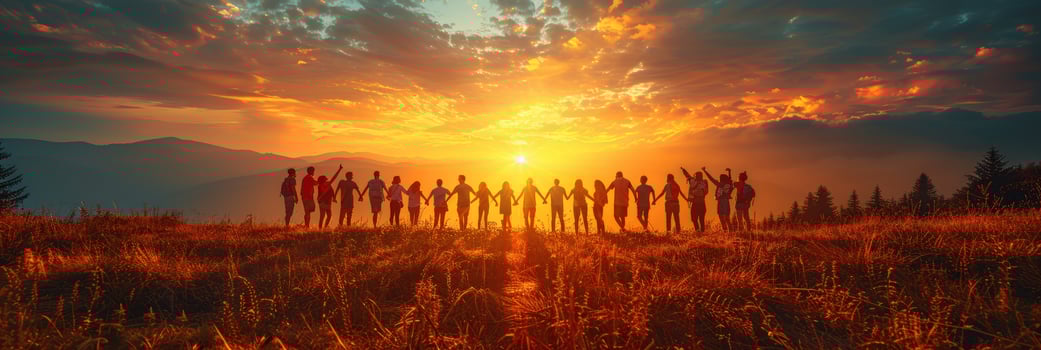 People holding hands silhouetted against a vibrant sunset sky unity concept photo