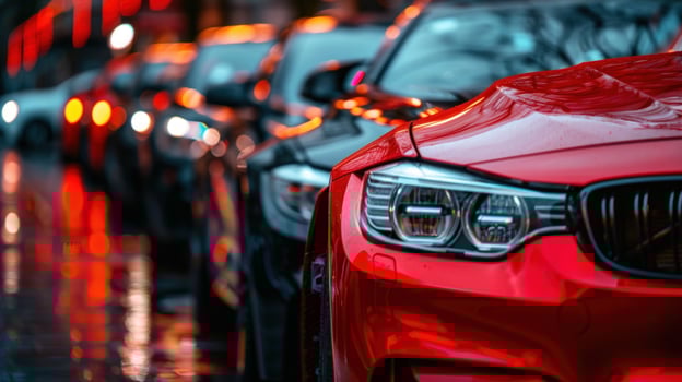 Row of cars on wet street in city transportation photo