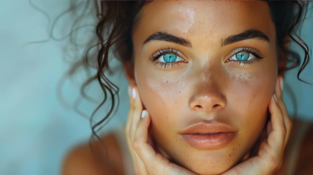 Close up portrait of a person touching face with blue eyes photo