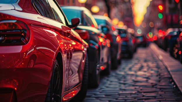 Congested city street with red car in traffic photo