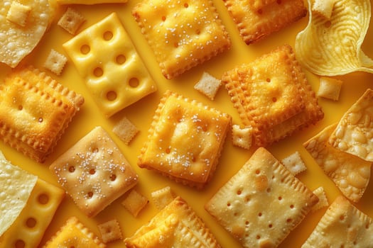 Crispy square crackers and chips overhead flat lay arrangement on yellow surface photo
