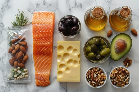 High fat food selection for healthy eating on marble tabletop overhead view photo