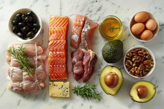 Healthy fat food selection on marble surface overhead still life photo