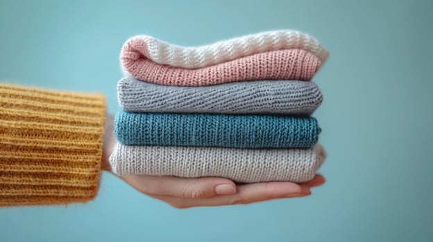 Stack of folded knitwear in hand close up still life photo