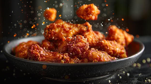 Crispy fried chicken pieces in a bowl with falling spices close up macro photo