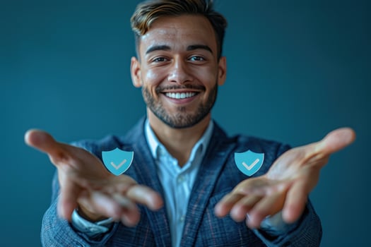 Confident business professional offering security and protection with virtual shield icons photo