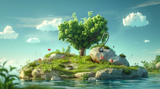 Heart shaped tree on island with stethoscope wellness concept photo