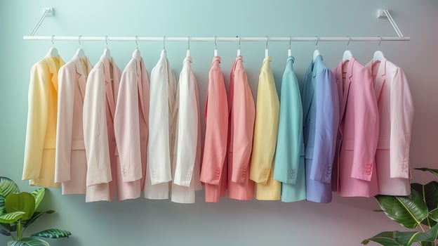 Pastel blazer collection on hanger fashion display photo