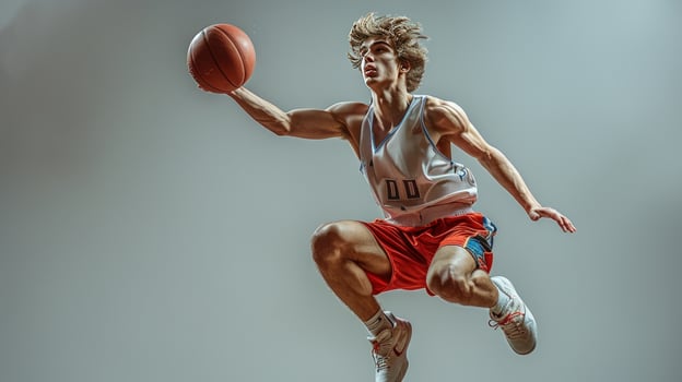 Dynamic basketball athlete leaping to score with ball in motion during game action photo