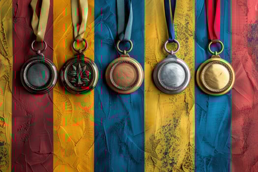 Medal series on colorful striped background celebrating achievement and success photo