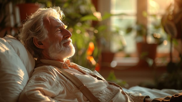 Senior man resting in sunlight indoor photo