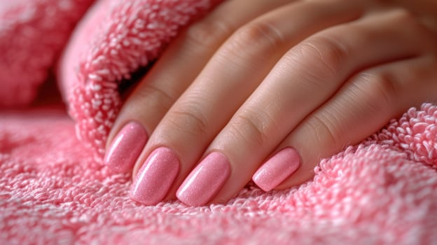 Pink nail polish manicure on hand resting on soft towel photo