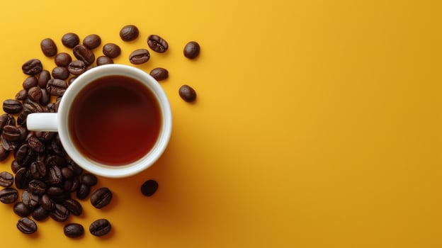 Coffee cup and beans overhead on yellow background with copy space photo