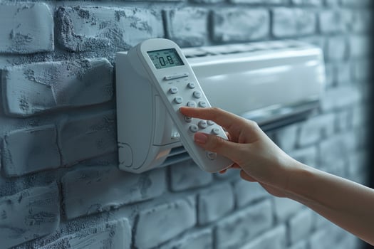 Air conditioner operation with hand and remote control on brick wall photo