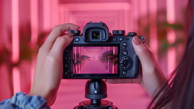 Digital camera capturing a pink geometric hallway image on screen photo