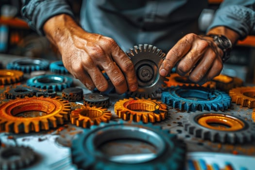Hands assemble precision gears mechanical engineering and industrial solutions photo