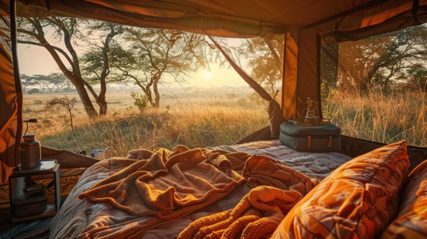 Camping tent interior overlooking scenic landscape travel and outdoor adventure photo
