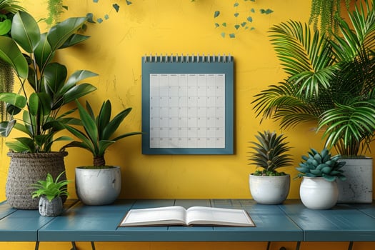 Desk plants book calendar organize green lifestyle modern vintage still life photo