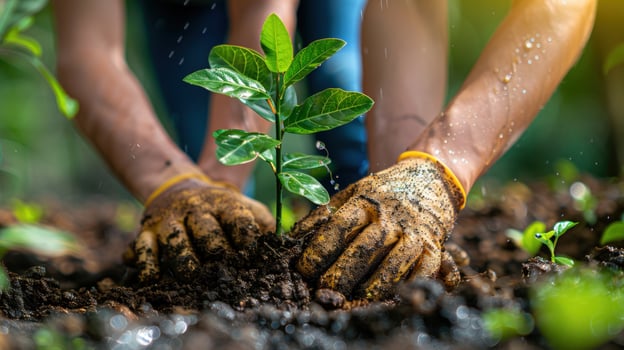 Planting tree seedling for growth and environmental conservation in close up photo
