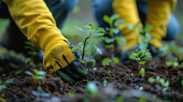 Planting seedling tree in soil with gardening gloves for environmental conservation photo