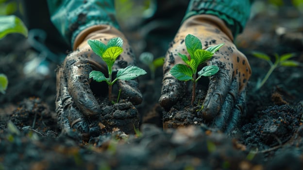 Planting new seedling concept with hand in soil photo