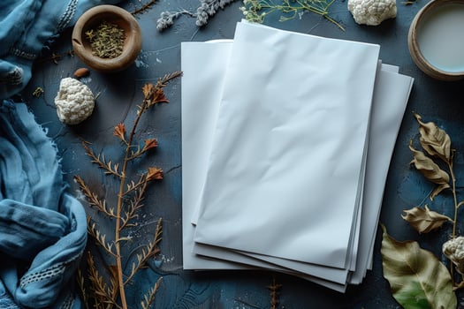 Flat lay of white papers on textured blue background with organic elements photo