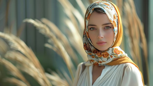 Woman portrait in floral headscarf with natural light and soft background photo