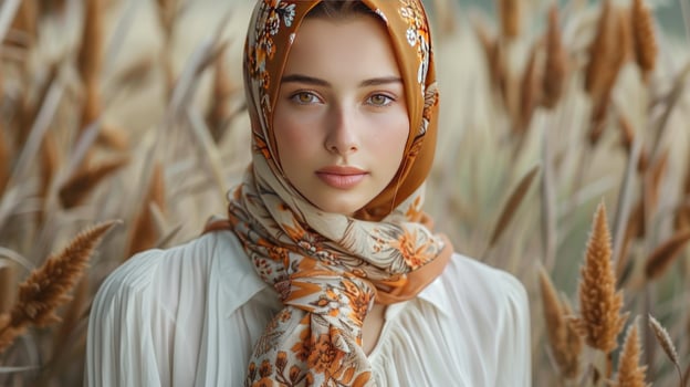 Portrait of a woman wearing floral headscarf in a field photo