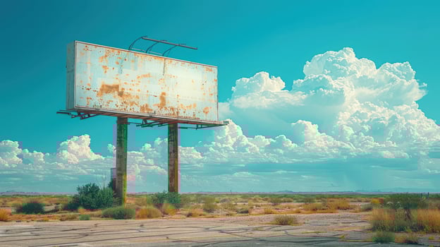 Weathered billboard against blue sky cloudscape commercial background photo