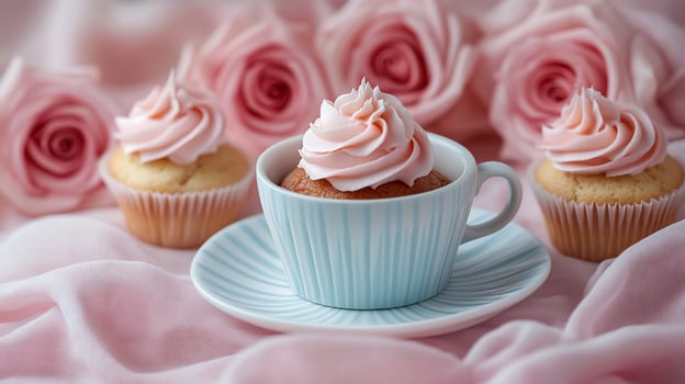 Pink frosted cupcake in teacup, roses. photo
