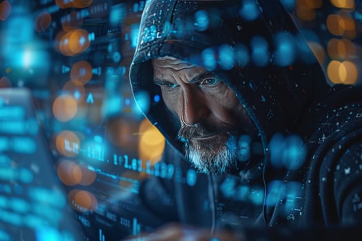 Cyber security specialist coding in dark digital environment photo