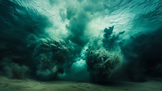Underwater ocean wave breaking, powerful, dramatic, dark teal and green colors, sandy bottom. photo