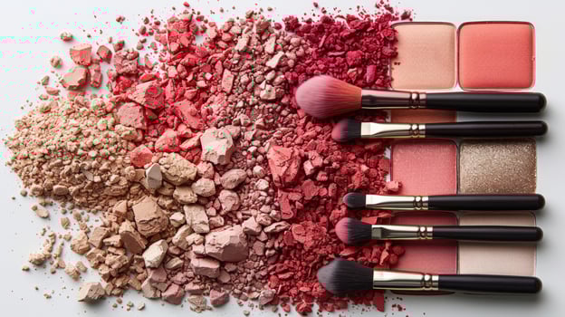Makeup powders and brushes flat lay cosmetic beauty still life artistry photo