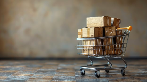 Shopping cart full of cardboard boxes stacked high for delivery services photo
