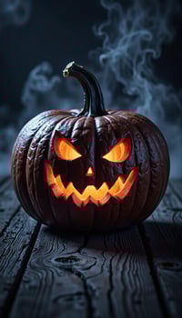 Spooky carved pumpkin with eerie glow photo