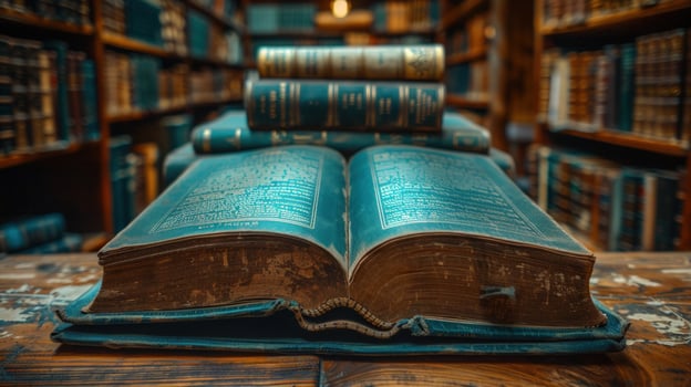 Antique books stacked in library vintage knowledge education photo