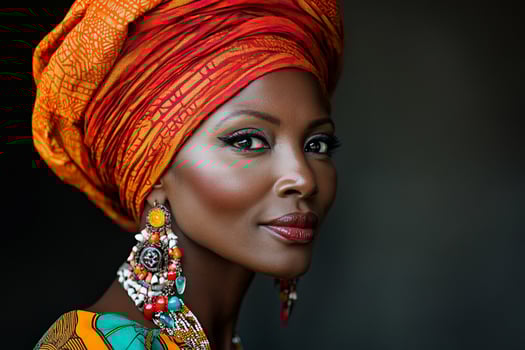 Closeup portrait of a beautiful African woman wearing a vibrant headwrap and earrings. photo